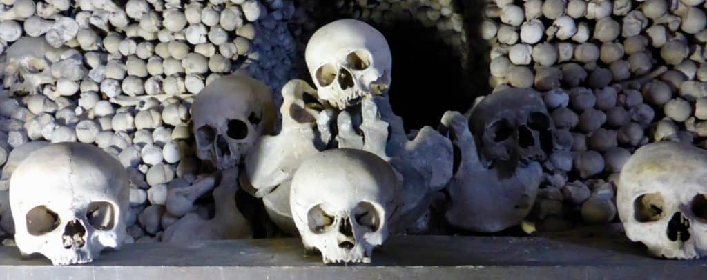 Visiting the Kutná Hora Bone Church from Prague (2024) 1 Skulls at an Altar at the Bone Church in Kutna Hora, near Prague