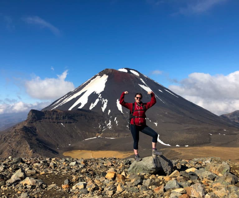 Nina hiking the Tongariro alpine crossing in winter in New Zealand
