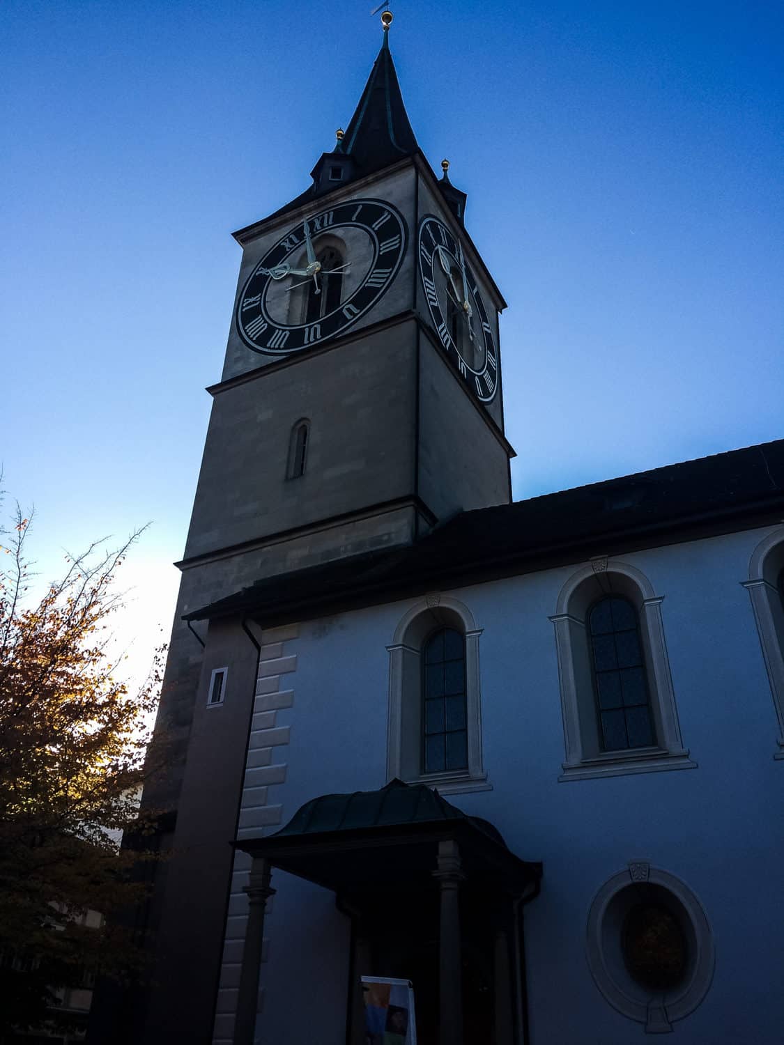St Peter's Church clock tower at dawn of my one day in Zurich