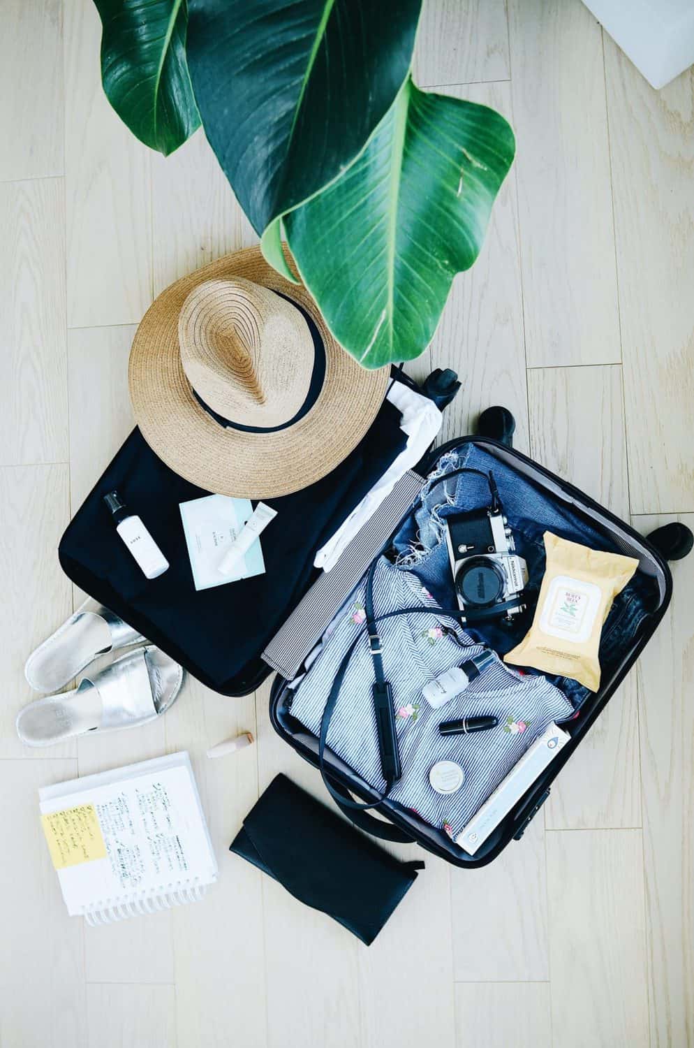 How I Travel Plan: Travel Planning Tips 3 Packed suitcase ready for a vacation with an itinerary planner beside it