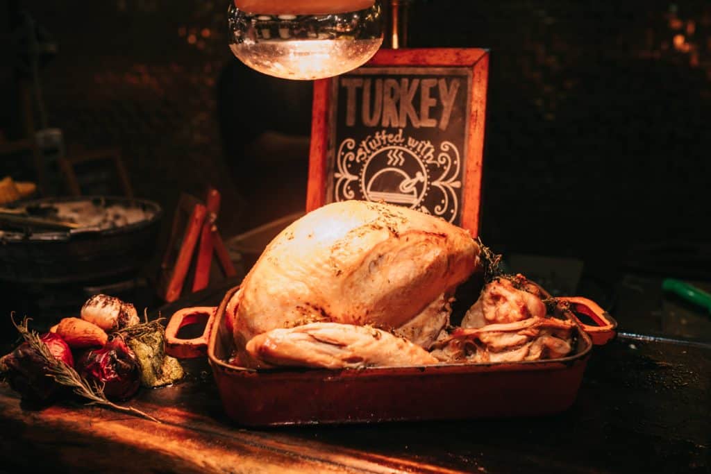 Canadian vs American Thanksgiving: What's the Difference? 5 Thanksgiving turkey dinner with a chalk drawing of a turkey behind it