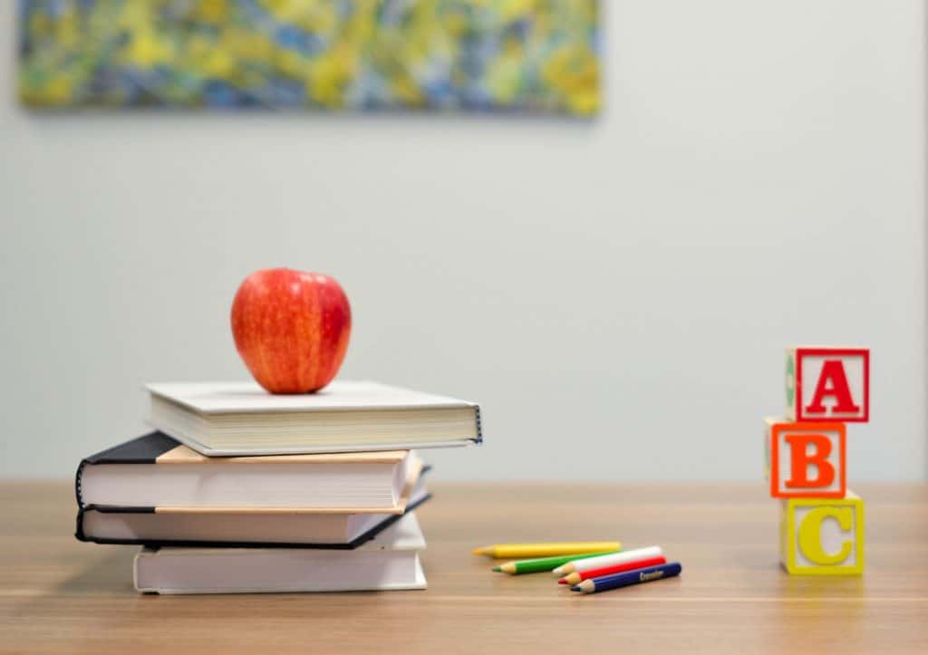 45 Pros and Cons of Living in Canada from a Canadian 5 School desk in Canada with books, stacked blocks, pencils and an apple.