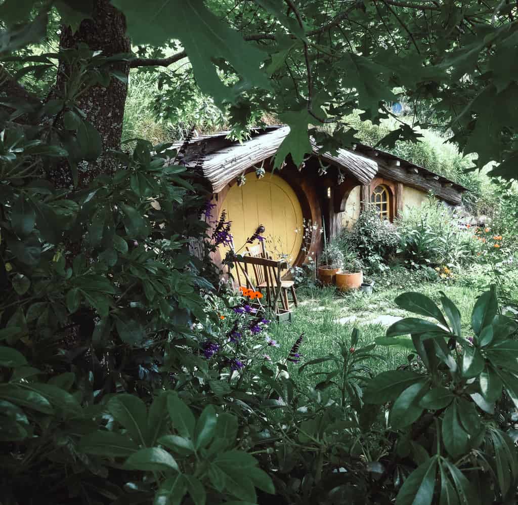 What is the Best Time of Year to Visit New Zealand? 1 Yellow Hobbit home door through green trees in New Zealand