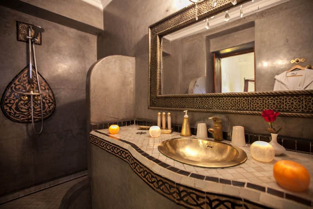 Riad Le Clos Des Arts: Honest Hotel Review 2 Bathroom with Moroccan tile at Riad Le Clos Des Arts in Marrakech