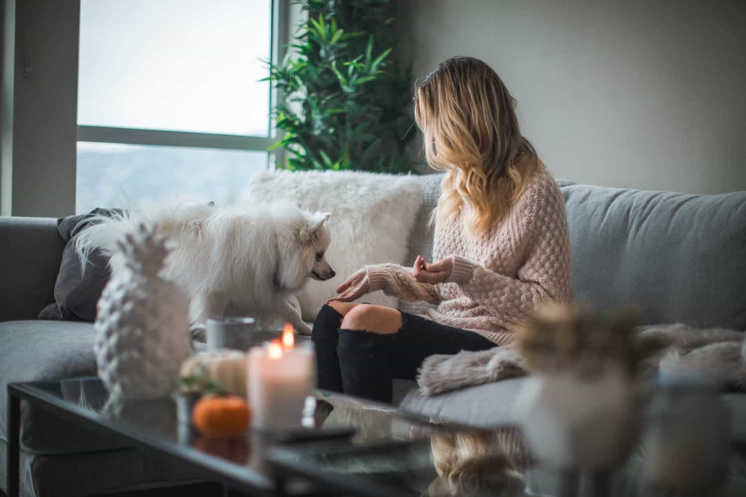 15 Unique Solo Staycation Ideas for Singles 16 Woman having a solo staycation in her living room with candles, fuzzy pillows and a white dog