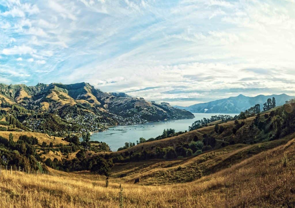 Best Place to Swim with Wild Dolphins in New Zealand 2 View of Akaroa harbour which is one of the best places to swim with dolphins in New Zealand