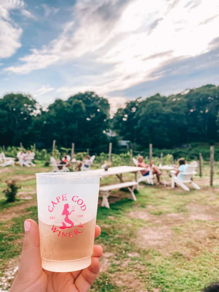27 Best Weekend Getaways in the US 9 Wine glass saying "Cape Cod" in front of a vineyard in Cape Cod, USA