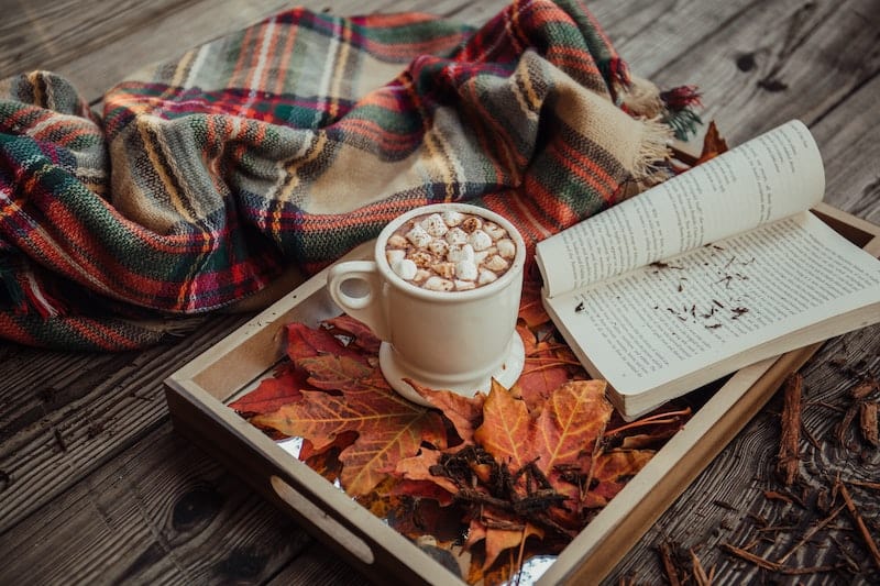 160 Best Fall Quotes and Captions for Instagram 2024 12 fall flatlay with hot chocolate on a tray