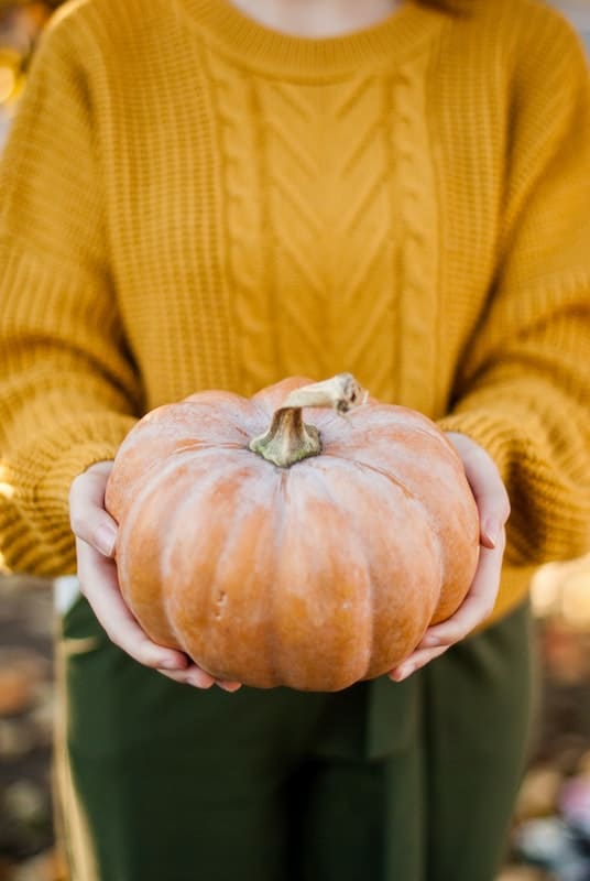160 Best Fall Quotes and Captions for Instagram 2024 6 Woman in a mustard sweater holding a pumpkin for a fall photo