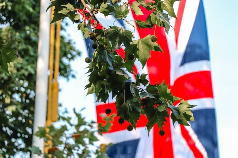 35 Pros and Cons of Living in the UK in 2024 11 Union jack - the British flag, with a leafy tree in front of it.