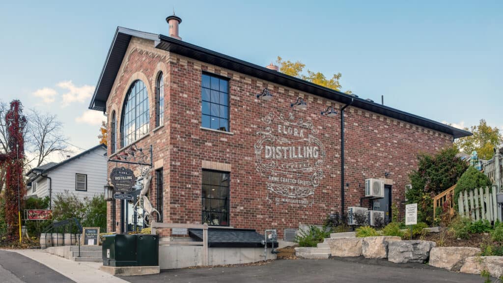 25 Things to Do in Elora, Ontario 7 Red brick building with "Elora Distilling Company" painted on the side of it.