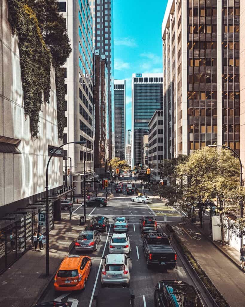 Living in Vancouver vs. Toronto: Where Should You Live? 3 Vancouver downtown city streets lined with traffic.