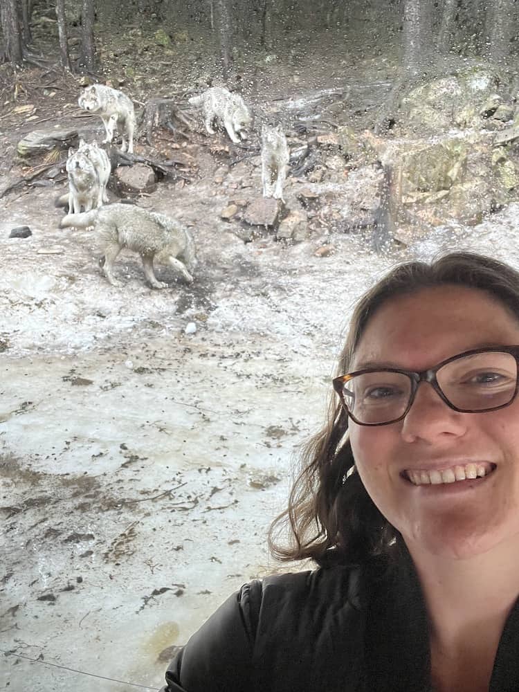 Nina smiling in front of glass with the grey wolves behind it at parc omega