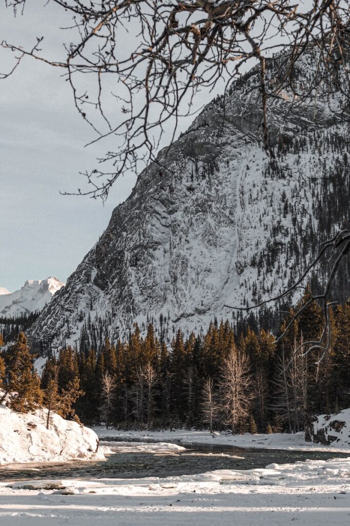 Banff National Park Itinerary: 1, 3, and 5 Day Guides 13 Ice-capped mountains, pine trees, and snow surrounding Bow Lake on a cold weekend day in Banff NP.