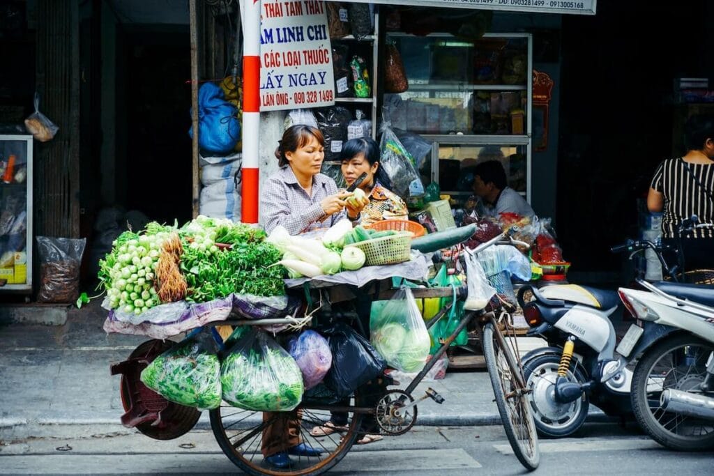 23 Pros and Cons of Living in Vietnam in 2024 2 A vegetable vendor with her overloaded bicycle filled with assorted vegetables on a street in Vietnam - fresh food is definitely a pro of living in Vietnam.