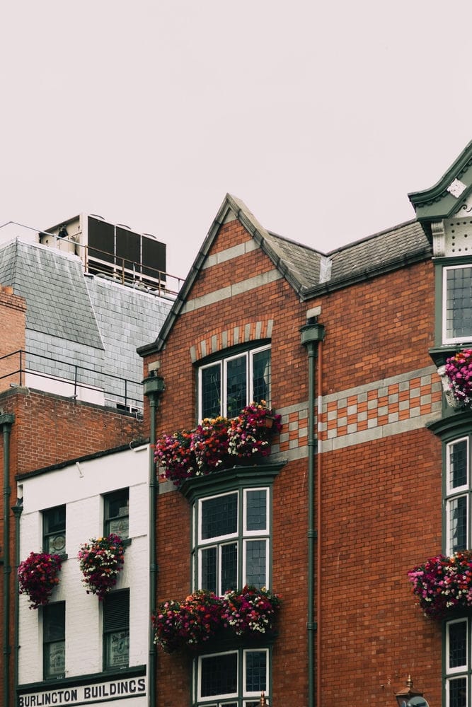 Living In Dublin 2024: The Complete Expat Guide 3 Brown bricked houses with flowers on windows. If you want to live in Dublin, you need to find good accommodation first.