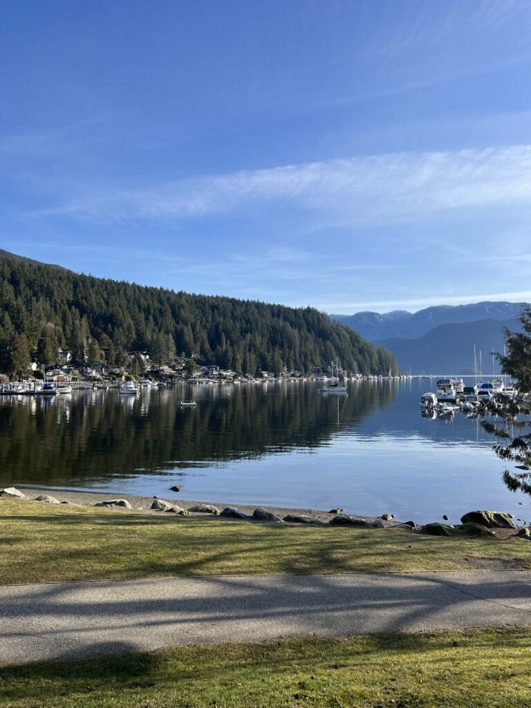 23 Best Things to Do in Deep Cove, BC 2024 6 View of Deep Cove marina from Panorama Park with green grass and a perfect reflection on the water. A picnic here is a great thing to do in Deep Cove.