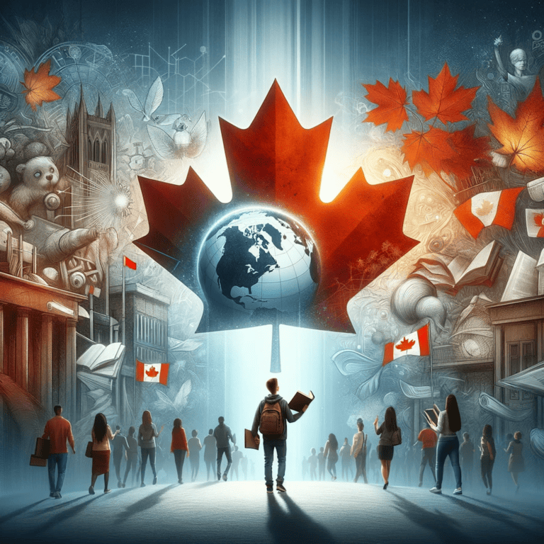 Canada Doubles Cost of Living Requirement for International Students 10 Conceptual image representing Canada's new policy for international students, featuring a large maple leaf symbolizing Canada, and a diverse student holding books and a globe, set against a background blending academic and Canadian cultural elements.