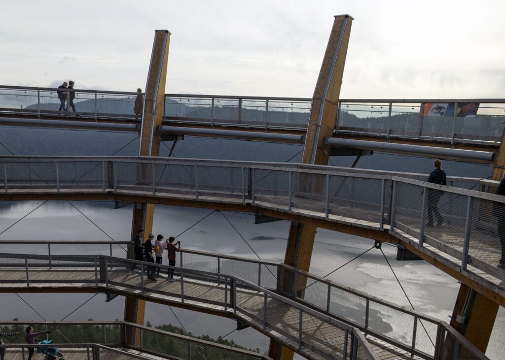 Is Malahat SkyWalk Worth Visiting? Everything You Need to Know 6 Visitors on a spacious viewing deck at Malahat Skywalk, overlooking a panoramic vista with mountains and waterways in the distance.