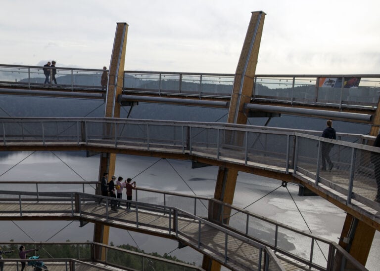 Is Malahat SkyWalk Worth Visiting? Everything You Need to Know 8 Visitors on a spacious viewing deck at Malahat Skywalk, overlooking a panoramic vista with mountains and waterways in the distance.