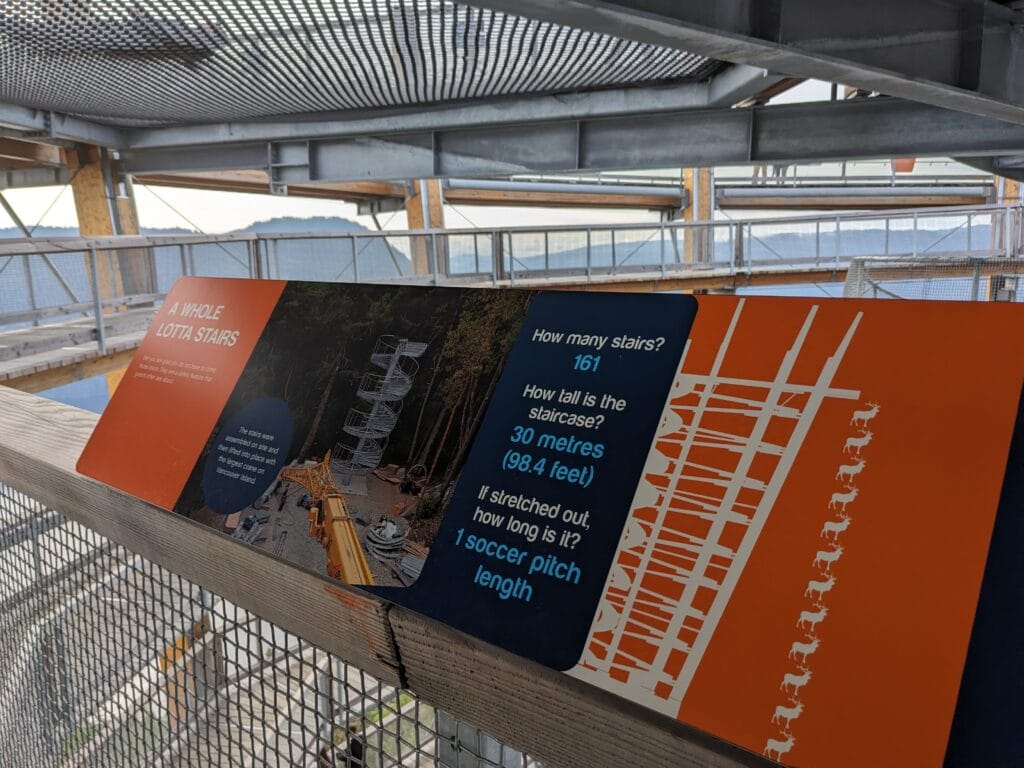 Is Malahat SkyWalk Worth Visiting? Everything You Need to Know 4 Informative orange and black signage at Malahat Skywalk displaying facts about the staircase structure, emphasizing its height and number of stairs.