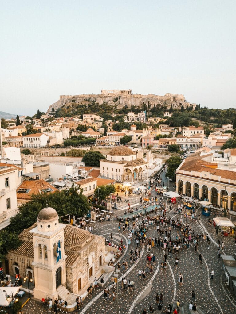 ALL European Countries With Digital Nomad Visas (2024) 9 A crowd gather in Monastiraki square in Greece.