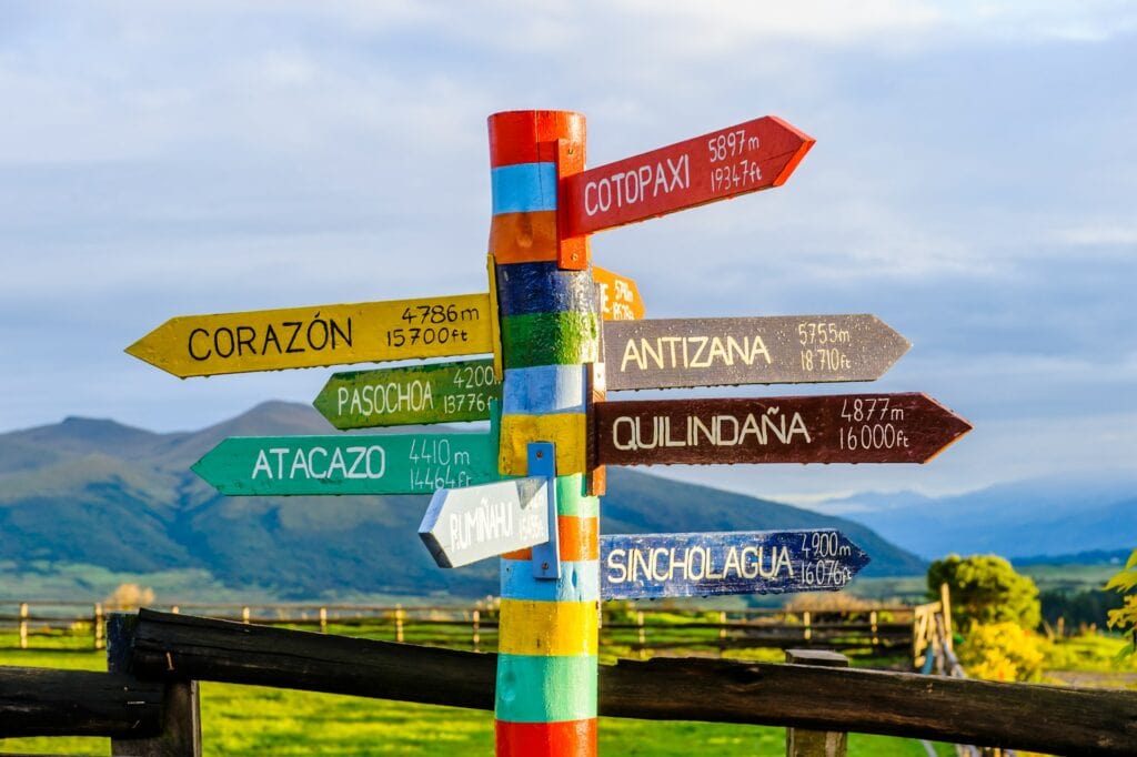 Top 17 Countries With Retirement Visas (2024 Guidelines) 7 A colorful signpost along a street in Ecuador.