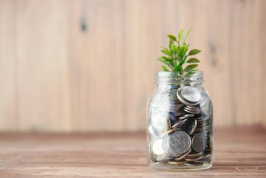 11 Reasons to Live in the US 1 A glass jar filled with coinsa and a plant growing.